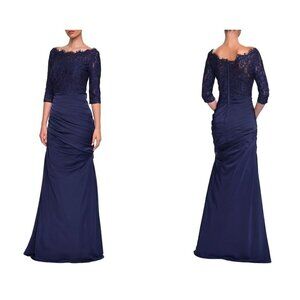 New LA FEMME Sparkle Lace Trumpet Gown Navy Size 4, Special Occasion MSRP $608
